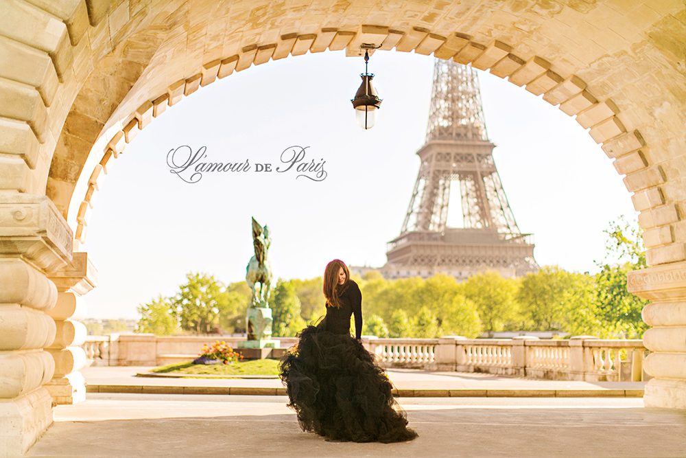 Glamorous black lace and tulle fashion gown photoshoot portait photo session in Paris near the Louvre and Eiffel Tower with Lauren Knight of Aspiring Kennedy