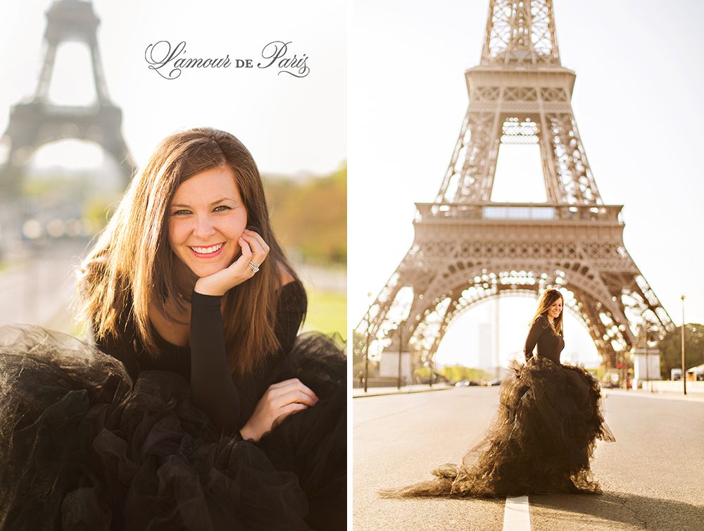 Glamorous black lace and tulle fashion gown photoshoot portait photo session in Paris near the Louvre and Eiffel Tower with Lauren Knight of Aspiring Kennedy