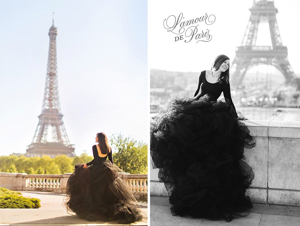 Glamorous black lace and tulle fashion gown photoshoot portait photo session in Paris near the Louvre and Eiffel Tower with Lauren Knight of Aspiring Kennedy
