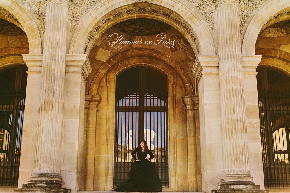Glamorous black lace and tulle fashion gown photoshoot portait photo session in Paris near the Louvre and Eiffel Tower with Lauren Knight of Aspiring Kennedy
