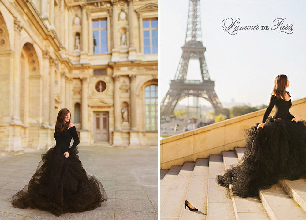 Glamorous black lace and tulle fashion gown photoshoot portait photo session in Paris near the Louvre and Eiffel Tower with Lauren Knight of Aspiring Kennedy