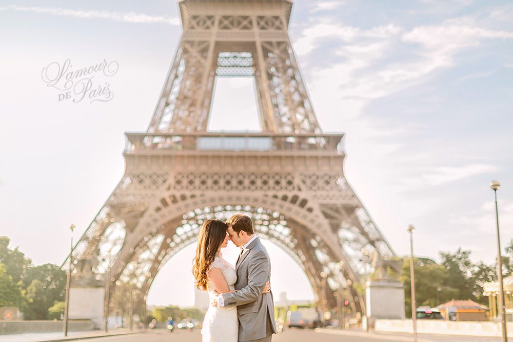 Romantic Paris elopement wedding at the Eiffel Tower, Louvre, Pont Alexandre III, and a Parisian cafe