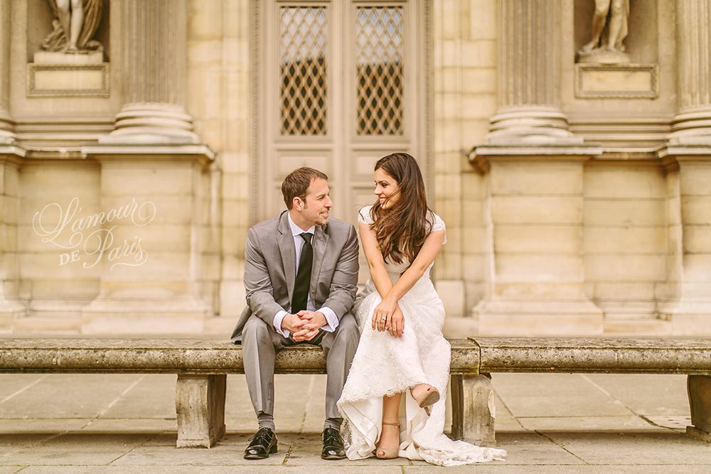 Romantic Paris elopement wedding at the Eiffel Tower, Louvre, Pont Alexandre III, and a Parisian cafe