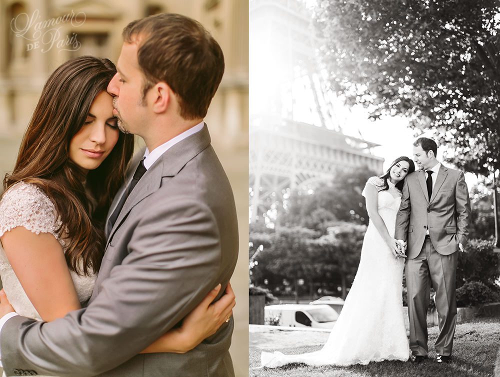 Romantic Paris elopement wedding at the Eiffel Tower, Louvre, Pont Alexandre III, and a Parisian cafe