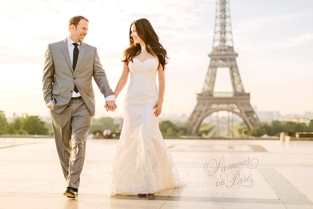 Romantic Paris elopement wedding at the Eiffel Tower, Louvre, Pont Alexandre III, and a Parisian cafe
