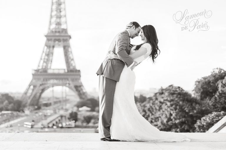 Romantic Paris elopement wedding at the Eiffel Tower, Louvre, Pont Alexandre III, and a Parisian cafe