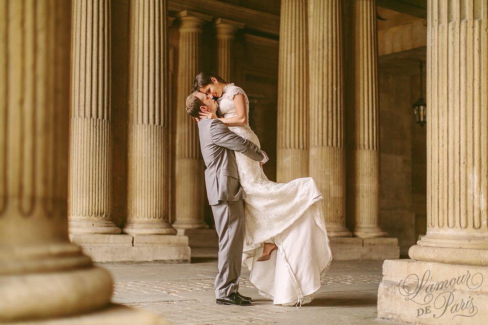 Romantic Paris elopement wedding at the Eiffel Tower, Louvre, Pont Alexandre III, and a Parisian cafe