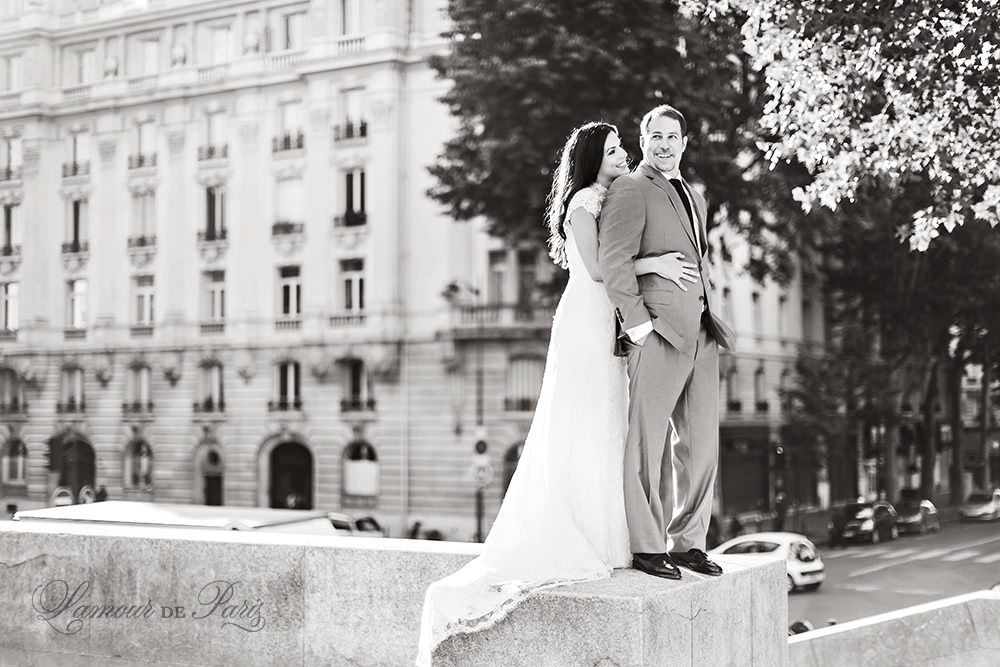 Romantic Paris elopement wedding at the Eiffel Tower, Louvre, Pont Alexandre III, and a Parisian cafe