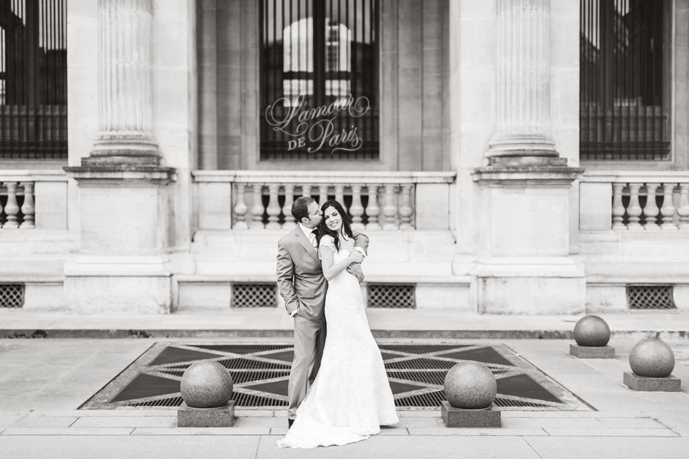 Romantic Paris elopement wedding at the Eiffel Tower, Louvre, Pont Alexandre III, and a Parisian cafe