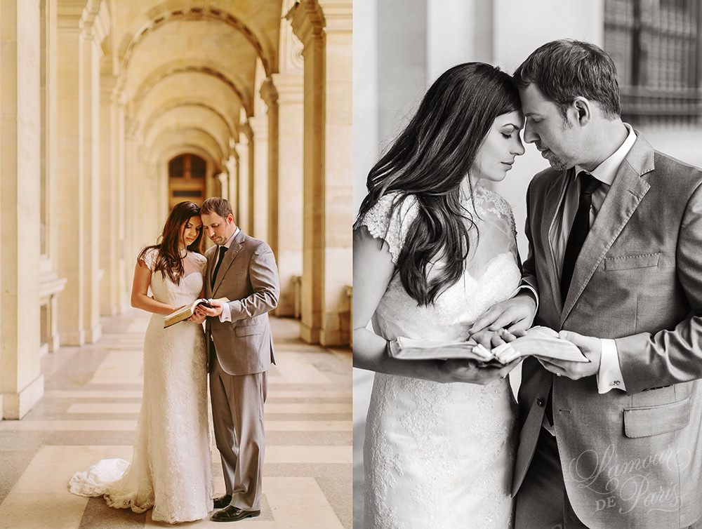 Romantic Paris elopement wedding at the Eiffel Tower, Louvre, Pont Alexandre III, and a Parisian cafe