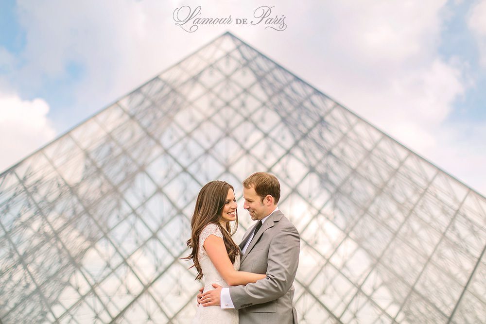 Romantic Paris elopement wedding at the Eiffel Tower, Louvre, Pont Alexandre III, and a Parisian cafe