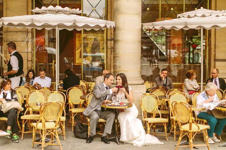 Romantic Paris elopement wedding at the Eiffel Tower, Louvre, Pont Alexandre III, and a Parisian cafe