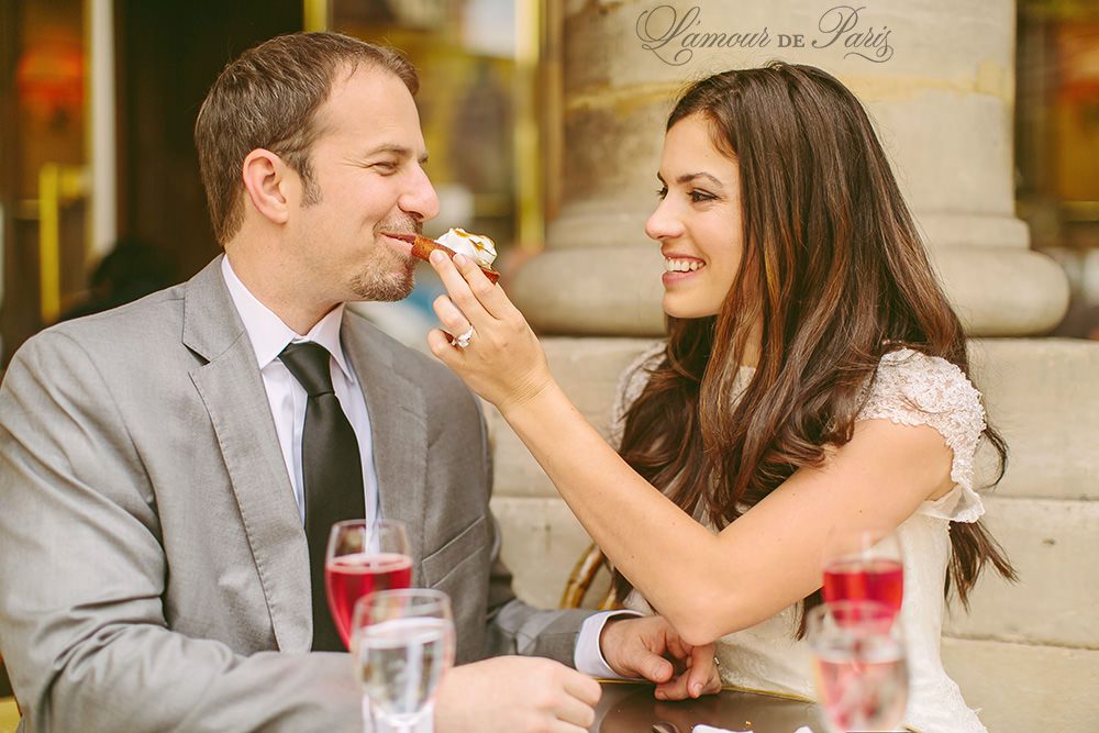 Romantic Paris elopement wedding at the Eiffel Tower, Louvre, Pont Alexandre III, and a Parisian cafe