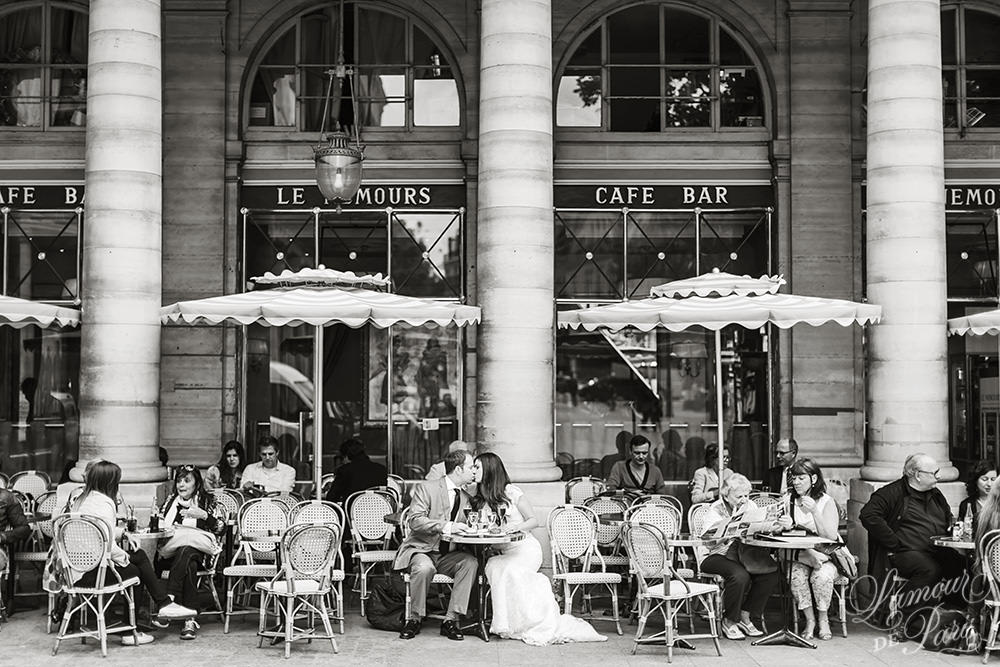 Romantic Paris elopement wedding at the Eiffel Tower, Louvre, Pont Alexandre III, and a Parisian cafe