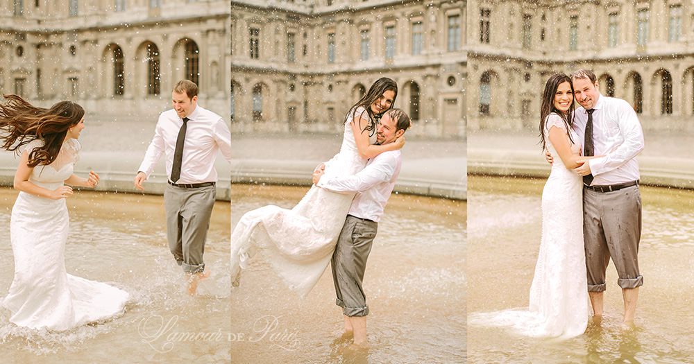 Romantic Paris elopement wedding at the Eiffel Tower, Louvre, Pont Alexandre III, and a Parisian cafe