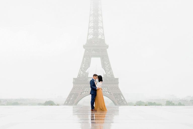 paris in the rain at the eiffel tower