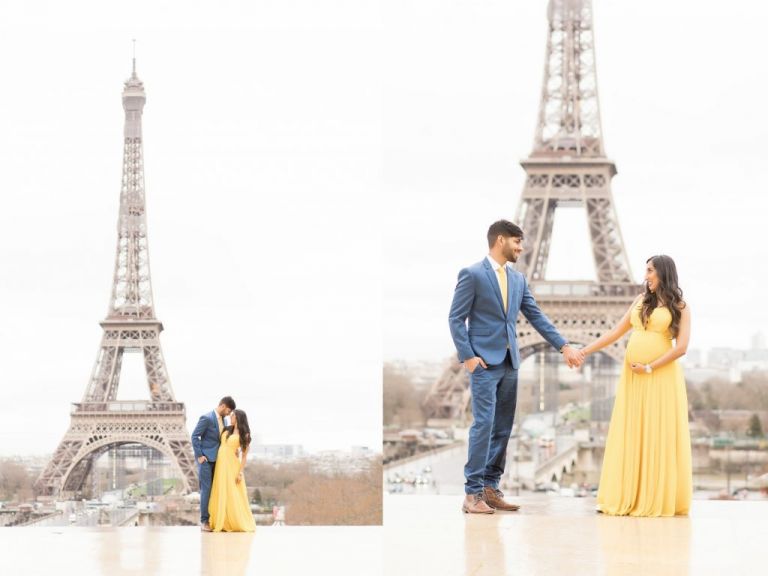 maternity photos at eiffel tower with yellow dress and blue suit