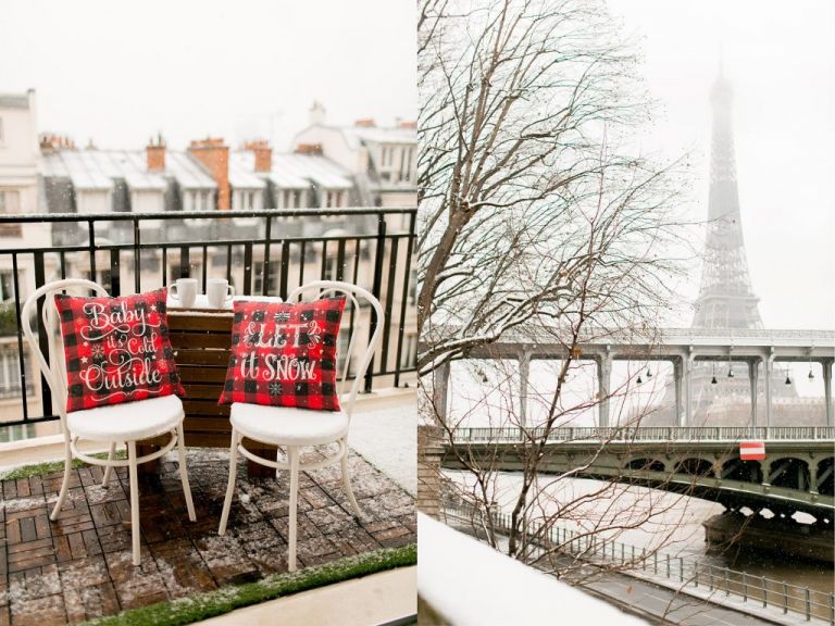 snow in paris on balcony and pont bir hakeim