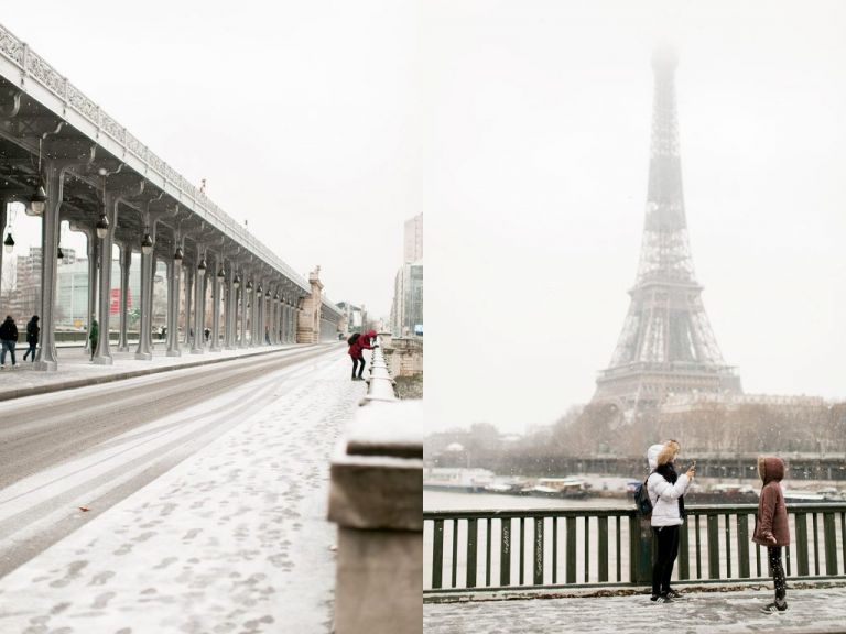 snow in paris pont bir hakeim plus eiffel tower