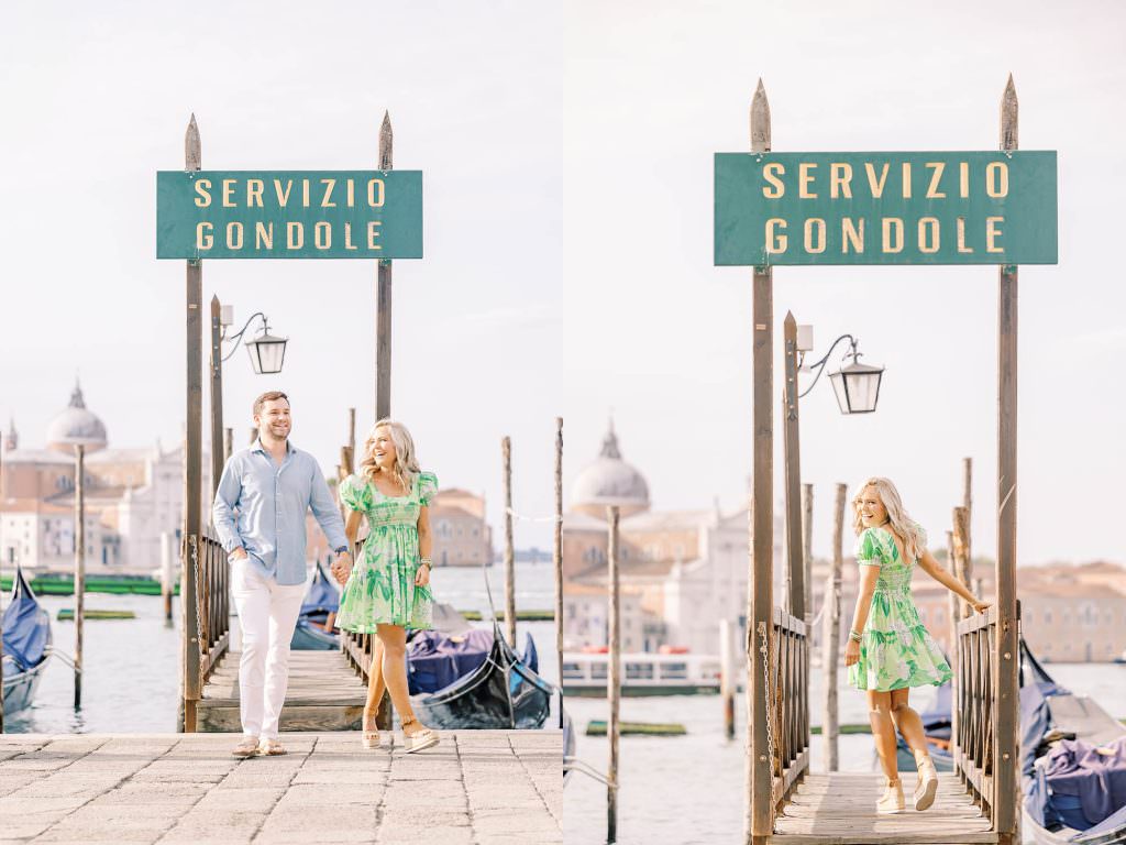 happy couple walking in venice