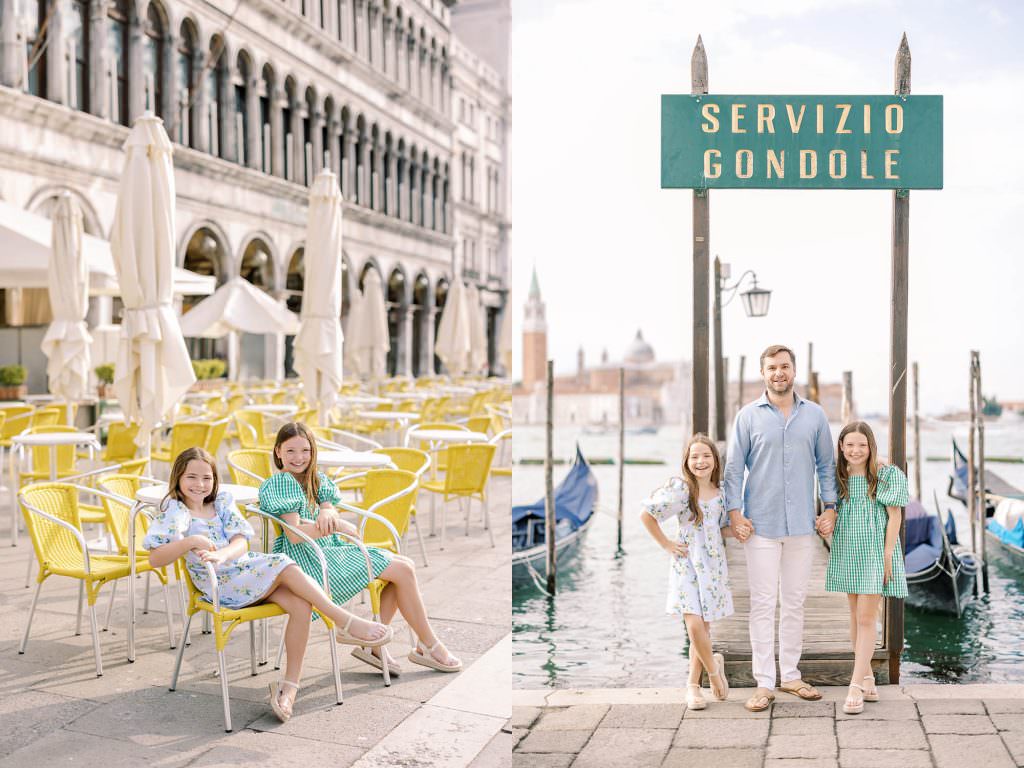 father and two daughters taking a portrait in front of gondolas in venice