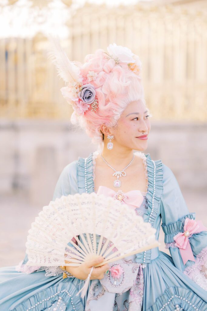 grand masked ball at versaille light blue costume with pink wig