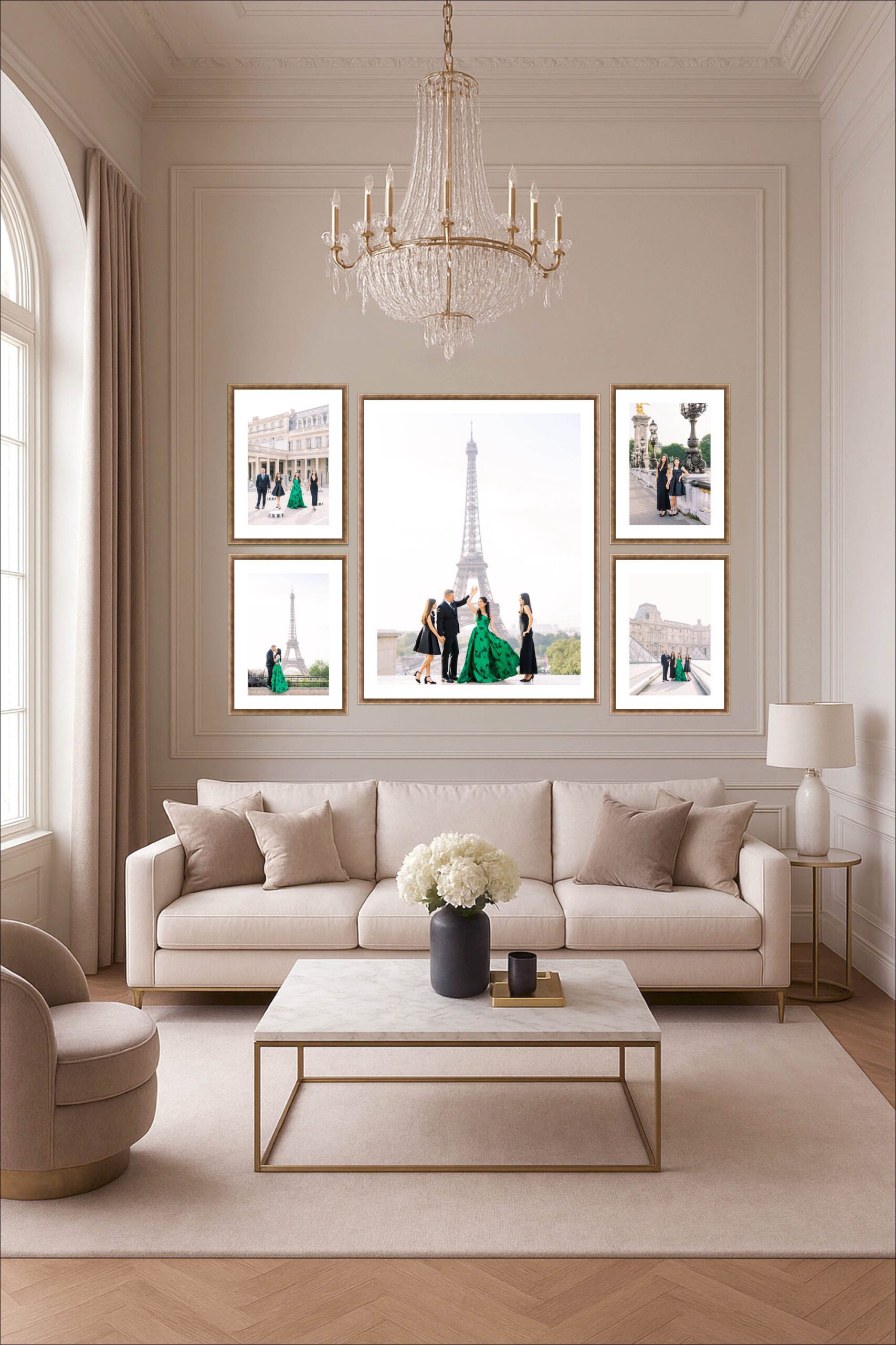 formal family photo wall art collection displayed in a cream colored living room with chandelier