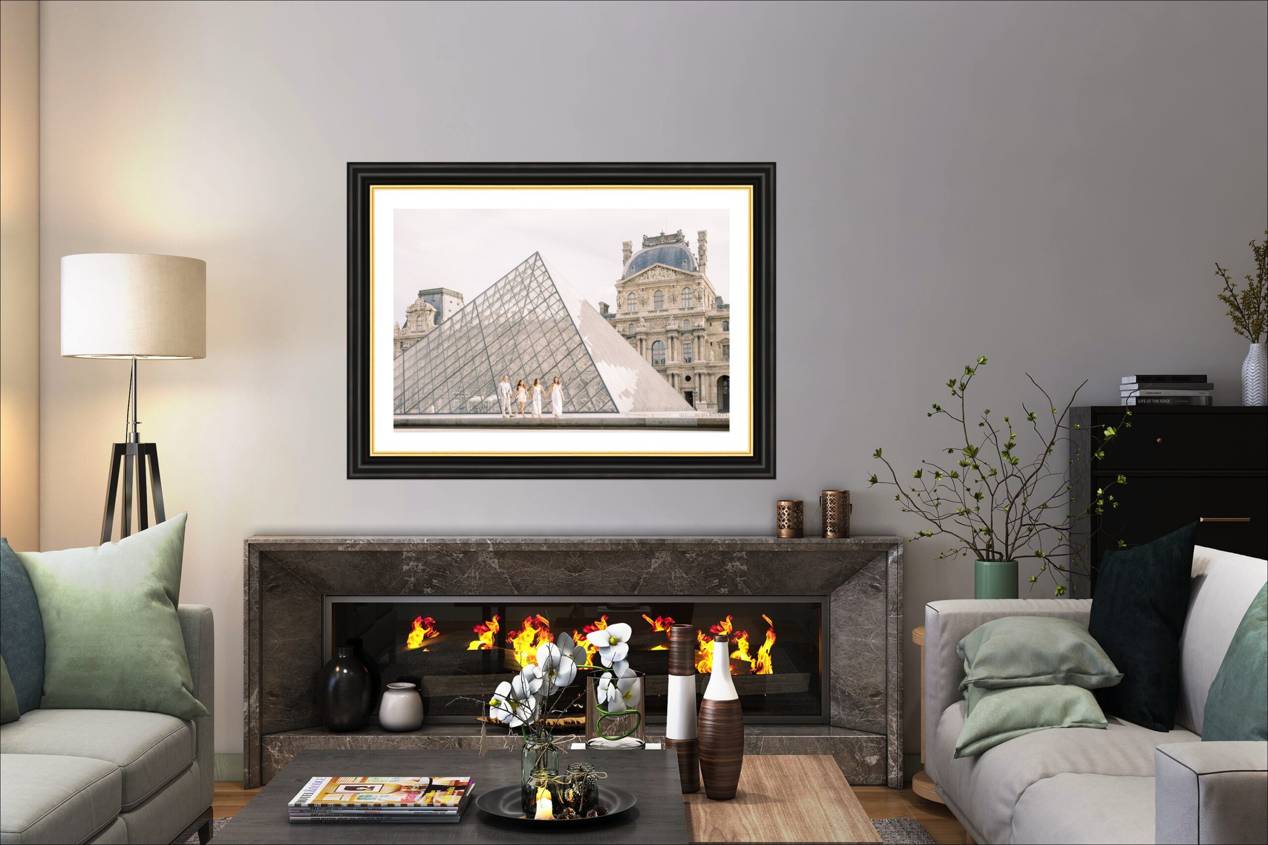 statement framed wall art piece from a paris family session at the louvre with dark frame and white matte above modern fireplace
